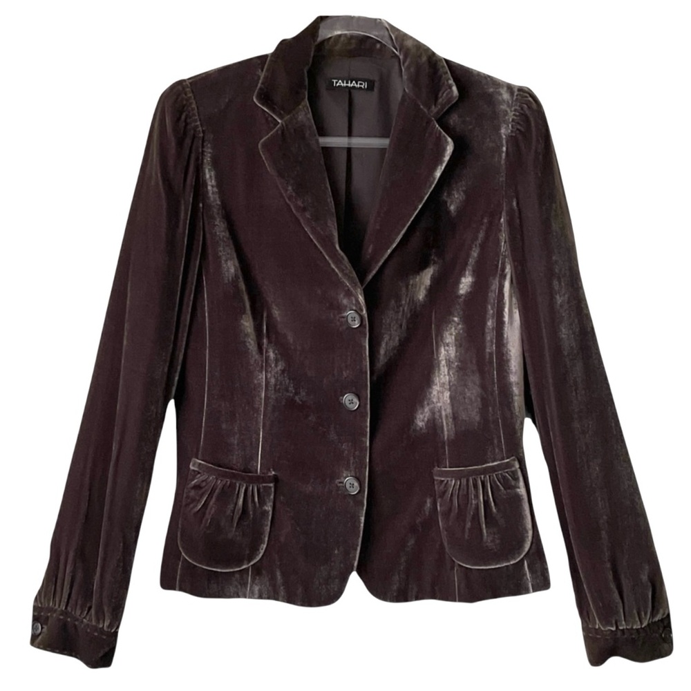 Vintage Tahari Velvet Blazer Size Medium Mocha Mousse Silk Rayon Blend Pockets